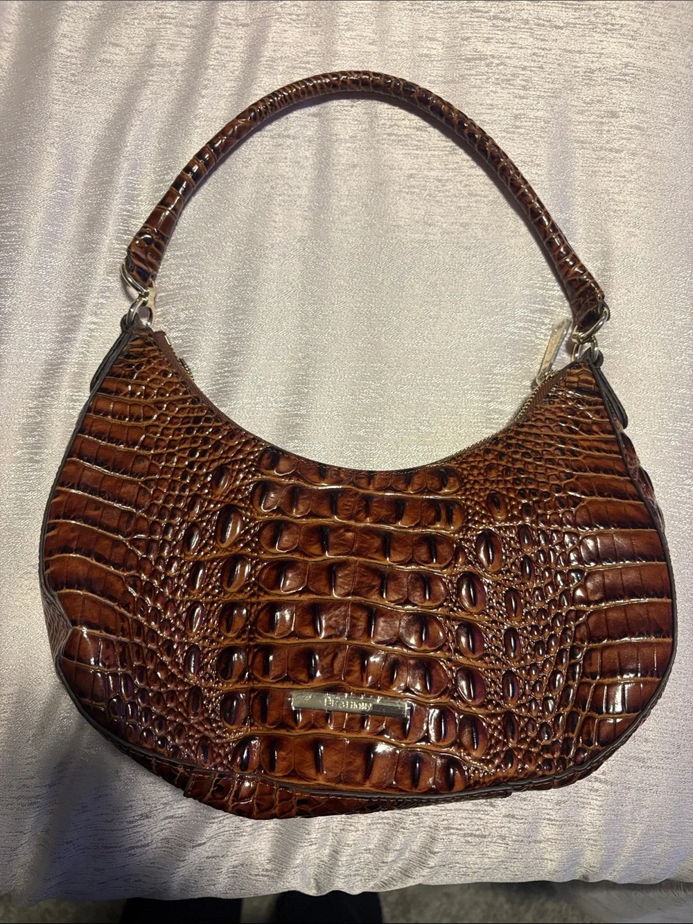 Brahmin Croc-Embossed Shoulder Bag in Rich Brown